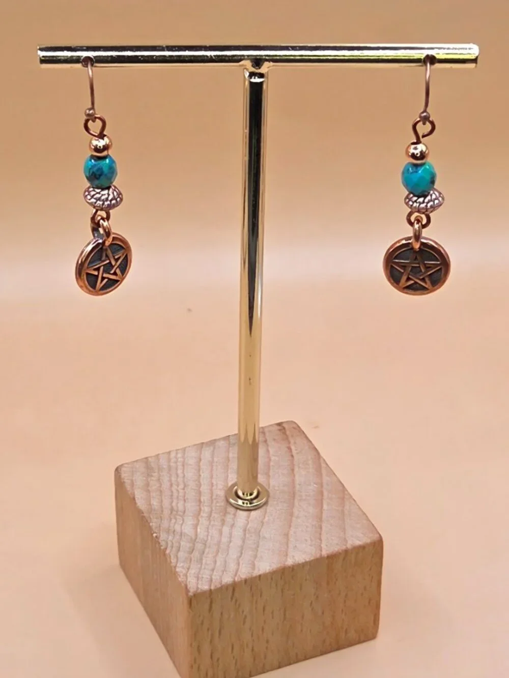 Faceted Azurite and Copper Drop and Dangle Earrings with Pentagrams